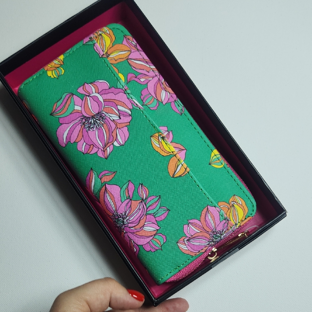 Trina Turk Green Wallet with Pink and Orange Floral Design NIB